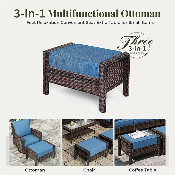 Outdoor Patio Furniture Set, 5 Pics Wicker Rattan Sectional Sofa Patio Conversation Set with Fire Pit Table & Ottoman & Swivel Chair, High Back 3 Seater Sofa with 5.5'' Thick Cusions, Navy Blue