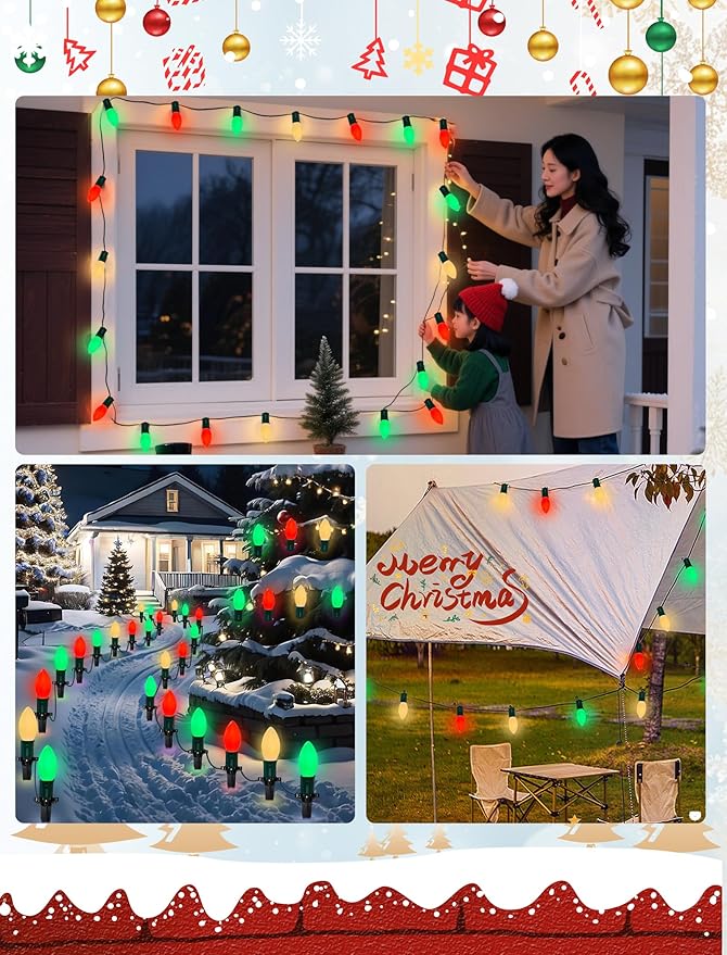 50Ft C9 LED Christmas Lights Outdoor, Vintage Christmas String Light Plug in with 52 Shatterproof C9 Red White Green Bulbs Christmas Decorations Lights for Indoor Christmas Tree Patio Roofline Party