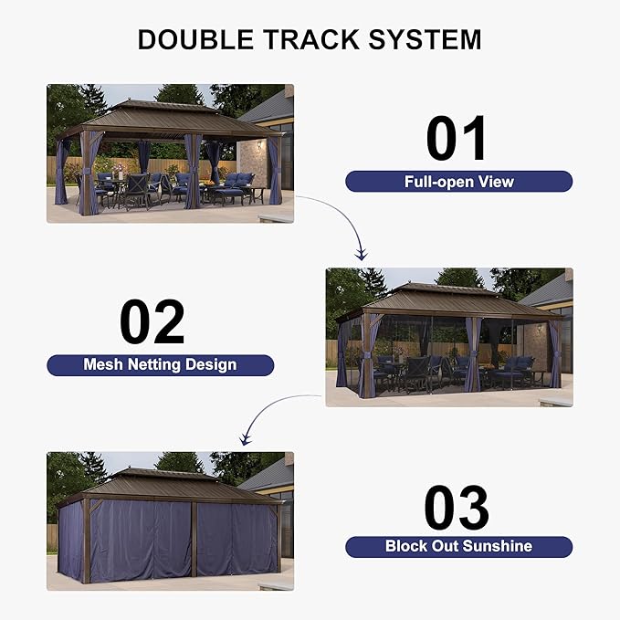 PURPLE LEAF 12' X 20' Hardtop Gazebo Pavilion for Outdoor with Netting and Curtains Deck Backyard Heavy Duty Sunshade Large Metal Patio Permanent Canopy