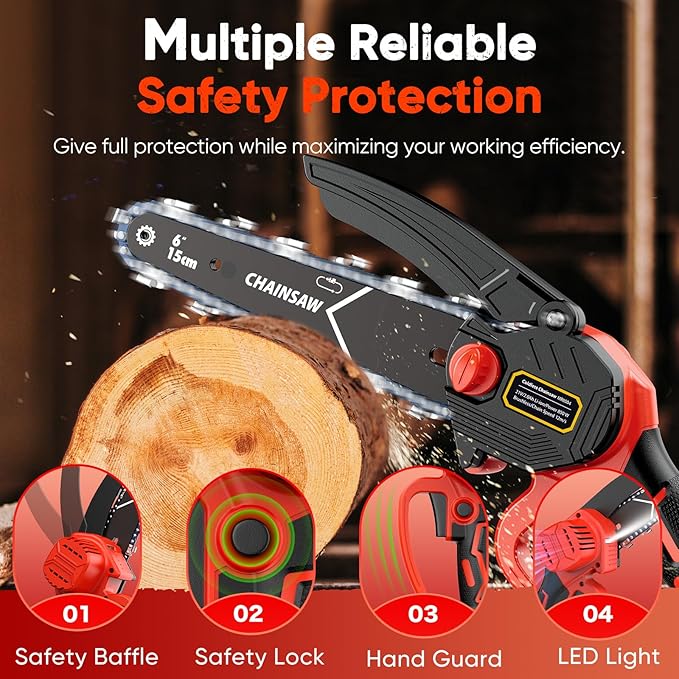 Chainsaw 6-Inch 2 Pack 2000mAh Battery Hand Mini Chain Saw Birthday Christmas Gifts for Men Portable Cordless for Wood Cutting Tree Trimming Projects Gardening Tools (Red)