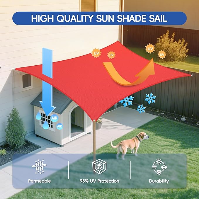 Sun Shade Sail 8'x9' Rectangle Shade Cloth for Garden, Permeable Shade Canopy Outdoor Patio Covers for Pergola Backyard Deck Outside Activity, Red