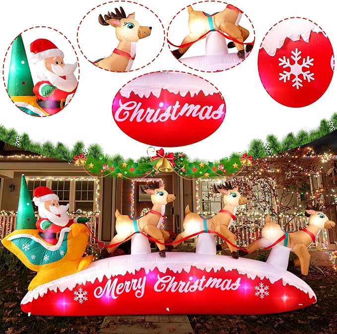 10FT Long Christmas Inflatables Santa Claus with Reindeer Sleigh Outdoor Decorations, Build-in Rotating Colorful LEDs Santa Blow up Yard Decoration for Holiday Xmas Party Indoor Lawn Christmas Eve