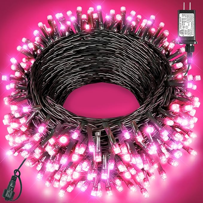 Pink Christmas Lights Outdoor, 80FT 240 LED Christmas Tree Lights Waterproof Plug in, 8 Modes Connectable Christmas Decorations Green Wire for Indoor Bedroom Tree House Holiday