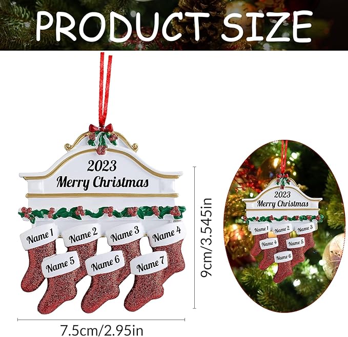 Personalized Christmas Ornaments 2023 Red Stocking Family of 2/3/4/5/6/7/8 Custom Christmas Ornament with Names Customized New Year Family Ornament for Christmas Tree Decor（Family of 8）