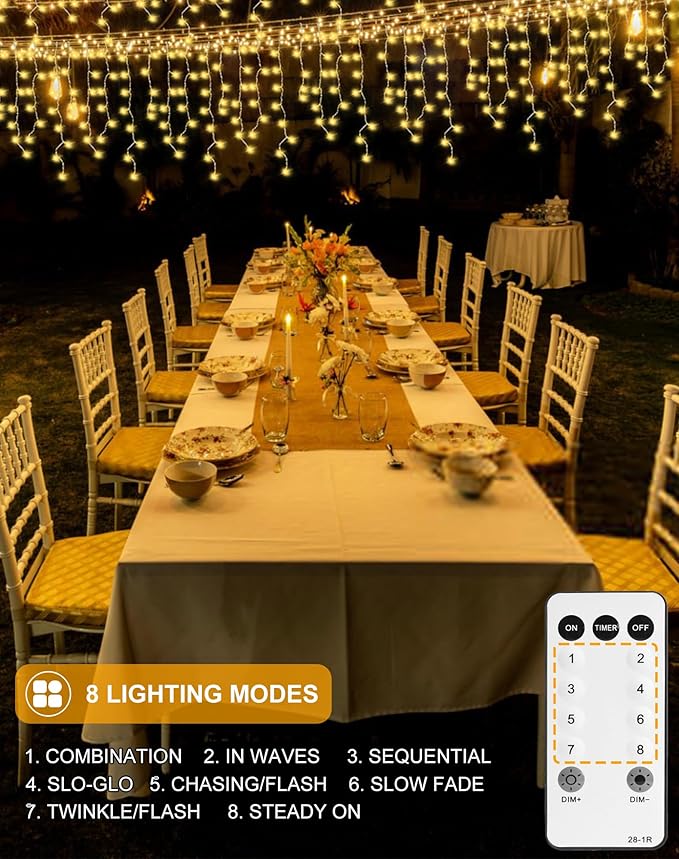 Icicle Christmas Lights Outdoor 520 LED 49FT Warm White, 80 Drops 2700K Icicle Christmas Lights with Remote/8 Modes/Timer, IP44 Waterproof for Roof Gutter Wedding Holiday Decorations