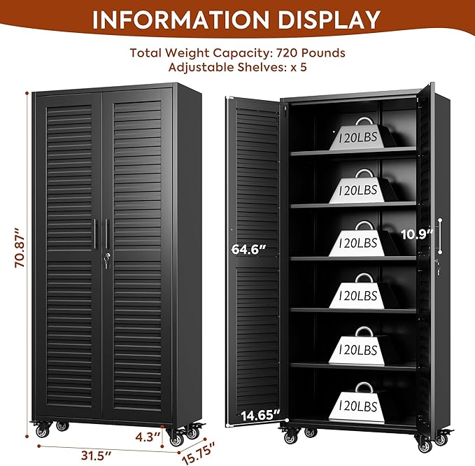 Aobabo Garage Storage Cabinet with Wheels,Metal Storage Cabinets with 5 Adjustable Shelves for Garage,Home,Assembly Required,Black, 71H''*32''W*16''D
