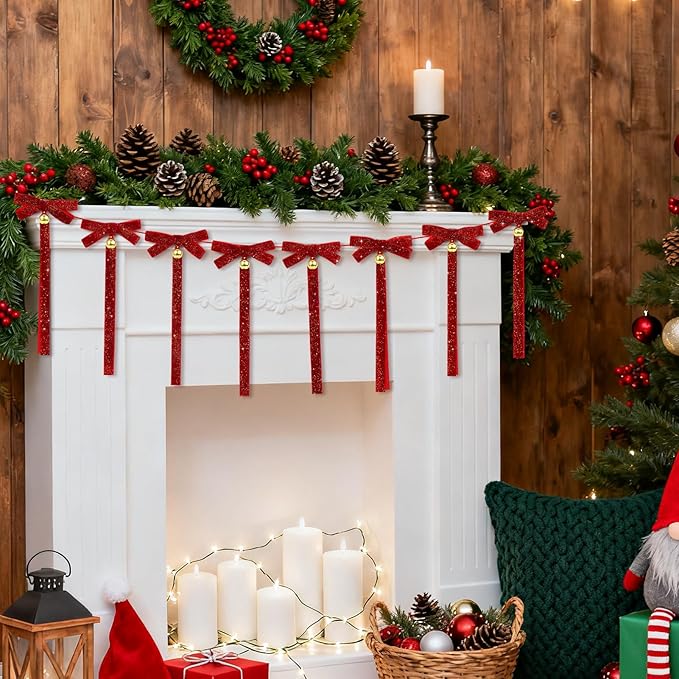 Christmas Velvet Bow Garland Banner with Bells, Glitter Red Ribbon Bows Christmas Jingle Bell Garland Bow Banner Xmas Ornaments for Mantel Fireplace Table Wall Staircase Office Home Xmas Tree Decor