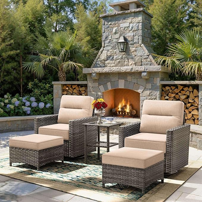 Luxury 5-Piece Patio Furniture Set with 6-Inch Thick Cushions, Outdoor Swivel Rocker Chairs and Table, Wicker Conversation Set for Porch, Deck, Balcony, Yard in Beige