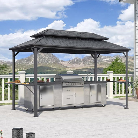 PURPLE LEAF 6.5' X 12' Hardtop Grill Gazebo for Patio Permanent Aluminum Barbeque Shelter with Ceiling Hook and Shelves Double Tiered Grey Outdoor BBQ Gazebo