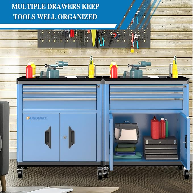 LARBANKE Rolling Tool Chest with Lock&Keys,360¡Æ Wheels and Drawer Liners,Tool Cabinet with 3 Drawers&2 Doors,Tool Cabinet Equipped with Connecting Rods for Stacking with 5&7-Drawer Chest