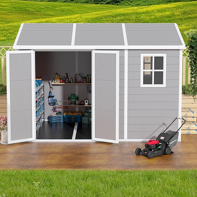 10x8 FT Resin Outdoor Storage Shed with Floor, Weather-Resistant Plastic Garden Shed with Windows, Lockable Door and Vents, Outside Tool Storage Sheds for Backyard, Garden, Lawn, Grey