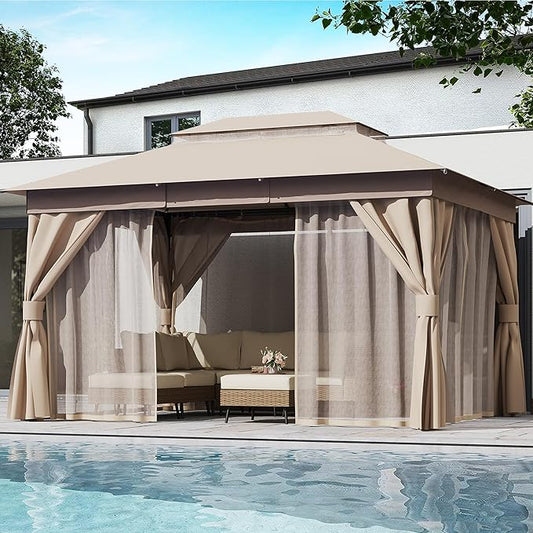 LAUSAINT HOME Semi-Permanent Patio Gazebo 10'x13' with Expansion Bolts, Outdoor Heavy Duty Party Tent Shelter with Double Roofs, Mosquito Nets and Privacy Screens for Backyard, Garden, Lawn, Khaki
