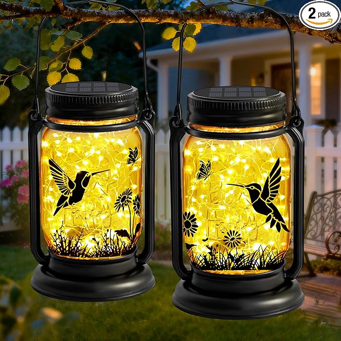 2 Pack Hummingbird Solar Lantern Outdoor Garden Decor, Christmas Birthday Gifts for Women Mom Grandma, Waterproof Hanging Vintage Glass Mason Jar Outside for Yard,Patio, Backyard,Porch,Tree, Pathway