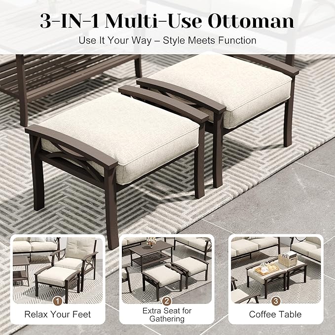 8-Pieces Outdoor Patio Furniture Set, Outdoor Metal Sectional Furniture with Cushions, Outdoor Conversation Seating Set with Coffee Table for Garden, Balcony, Deck, Backyard, Khaki