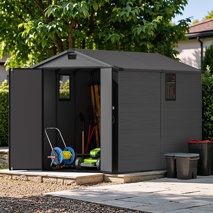 Devoko 6x10 FT Plastic Outdoor Storage Shed - Lockable Resin Tool Shed with Window & Floor - Easy Assembly for Garden, Backyard, Deep Gray