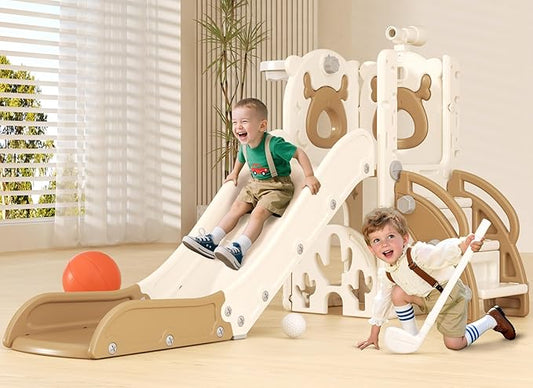 XJD 7 in 1 Toddler Slide, Kids Indoor Slide for Toddlers 1-3, New Upgrade with Golf, Basketball Hoop for Indoor Outdoor Playset, Birthday Gifts for Toddler (White Brown)