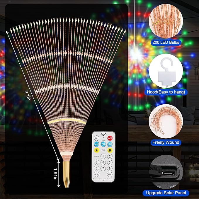 Solar Christmas Firework Lights Outdoor, 5 Pack 1000LED Solar Starburst Lights with Remote, 8 Modes Dimmable Waterproof Hanging Fairy Lights for Garden, Patio, Holiday Christmas Decor (Multicolor)