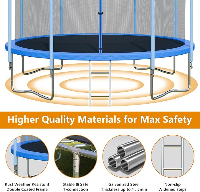 Trampoline Outdoor 12FT 14FT with Enclosure and Ladder, ASTM Approved Recreational Trampoline for Kids and Adults, Anti-Rust Coated Frame