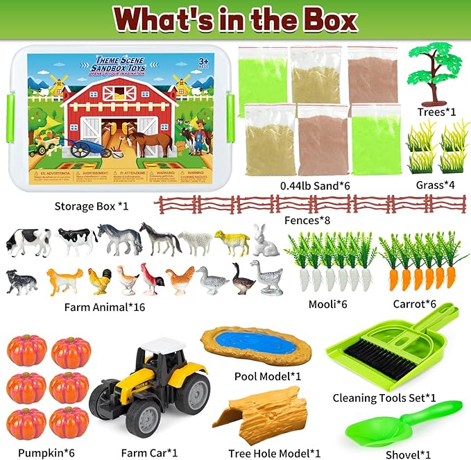 Bloolilies Sensory Bin, 59 Pcs Farm Sensory Sand Box Kits with Sandbox & Farm Animals & Tractor Playset, Play Sand Art Kit Magic Sand Toys for Boys Girls Toddlers Birthday Easter Valentines Gift