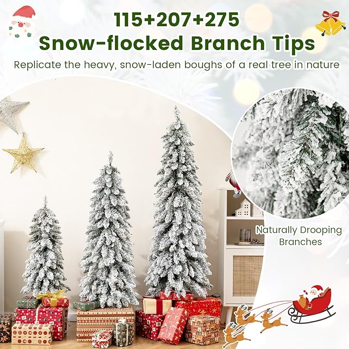 GOFLAME Set of 3 Pre-lit Pencil Christmas Tree, Snow Flocked Artificial Xmas Trees 3Ft, 4Ft and 5Ft with Multi-Colored LED Lights, Slim Christmas Tree, Holiday Decoration Tree with Metal Base