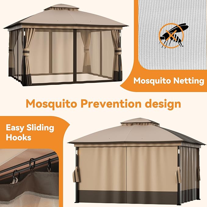 Patio Gazebo 11'x13' with LED Lights & Bluetooth Speaker, Heavy Duty Outdoor Canopy Shelter with Metal Frame, Double Roofs, Soft-top Gazebo with Netting and Curtains for Backyard