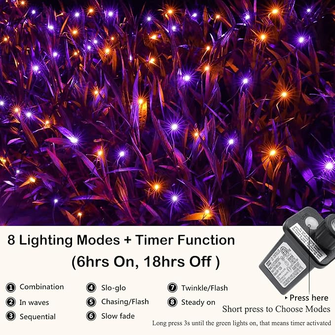 Joomer 12ft x 5ft 360LED Orange Purple Halloween Net Lights Outdoor Mesh Lights, 8 Modes Timer Connectable Waterproof Bush Light Mesh Netting Light for Halloween Outdoor Decorations (Green Wire)