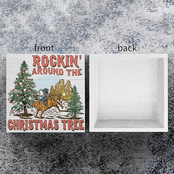 Christmas Rockin Around The Tree Sign Western Cowboy Sign Christmas Tree Decor Winter Desk Accessories Decorations for Table Home Shelf Office Gifts for Women 5 X 5 Inch