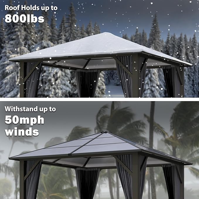 10x10FT Gazebo Hardtop, Outdoor Patio Gazebos with Polycarbonate Roof & Steel Frame, Outdoor Pavilion with Gray Curtain&Netting for Backyard/Lawn/Garden/Deck