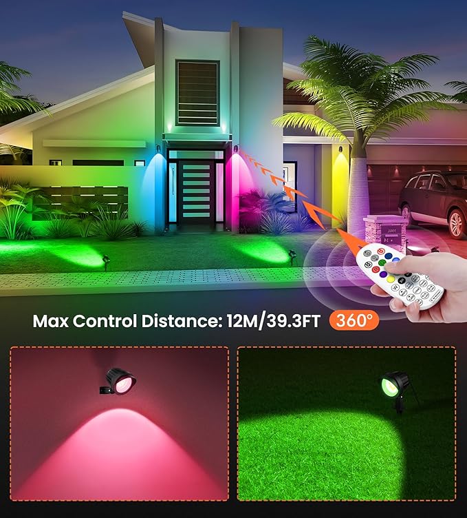 MEIKEE 15W RGB Landscape Spot Lights Outdoor, RGBW Color Changing Landscape Lighting with Remote Control, IP66 Pathway Lights for Christmas Halloween Party Festival Decoration (8 Pack)