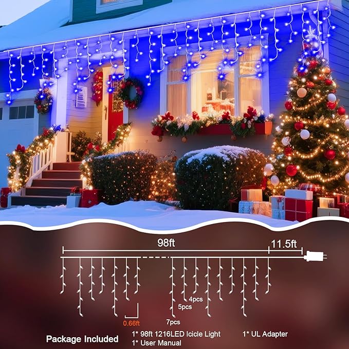 98 Ft String Lights for Outside, 1216 LED Christmas Lights Outdoor Plug in, Christmas String Lights with 8 Modes & Timer for Holiday, Party, Wedding, House, Patio, Outdoor Decor(Blue)