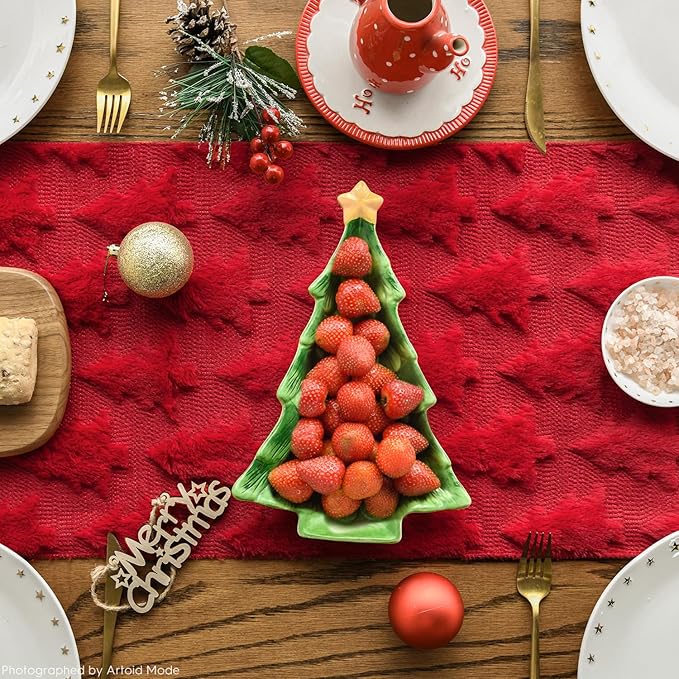 Artoid Mode Christmas Trees Red Soft Plush Faux Fur Jacquard Christmas Table Runner, Holiday Kitchen Dining Table Decoration for Home Party Decor 13x90 Inch