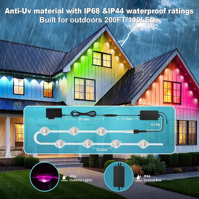 Permanent Outdoor Lights RGB Smart IC 200FT/100LEDs Decor IP68 Waterproof Music Sync with Remote&APP Control Suitable for Holiday Decoration Christmas Lights Garden Party Decor Deck
