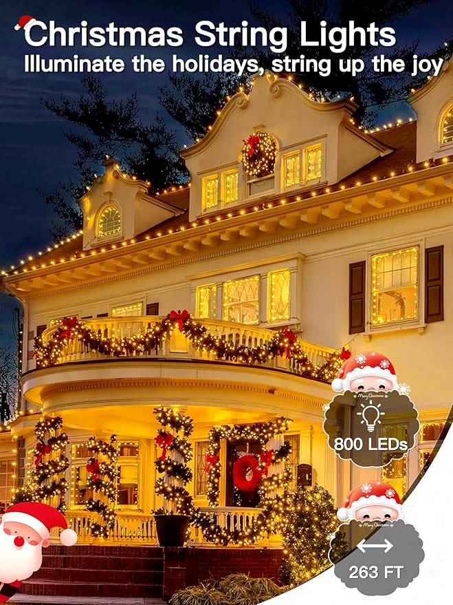 Christmas Lights 263FT 800 LED, Christmas Tree Light with 8 Lighting Modes, Outdoor Waterproof String Lights with Remote and Timer, Xmas Light for Holiday Decor (Warm White)