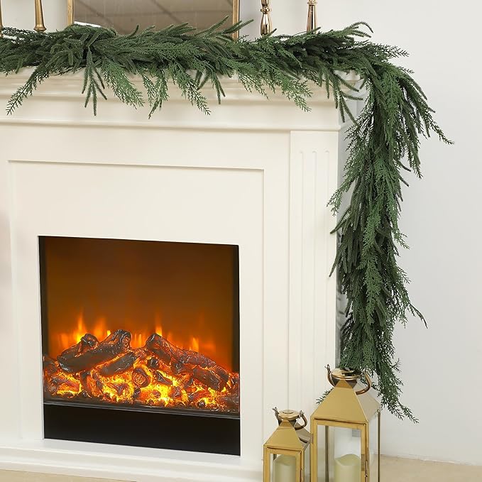 Jutom 1 PCS 9 ft Realistic Christmas Garland - Artificial Mix Norfolk Cypress Pine Needles Faux Green Garland Decorations for Table Mantel Winter Holiday, Indoor & Outdoor Decor