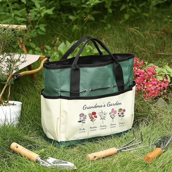 Personalized Garden Tools Set for Women: Custom Text Garden Tool Bag and Garden Shovel & Transplant Shovel & Hand Rake - Gardening Gifts for Mom Grandma Gardening Lover (5 Flowers)