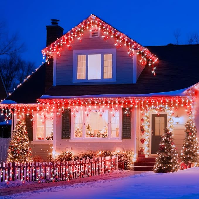 XURISEN 66ft Christmas Lights Decorations Outdoor, 640 LED 8 Modes Curtain Fairy Lights with 120 Drops,Plug in Waterproof Timer Memory Function for Christmas Holiday Wedding Party Decor(Red+White)