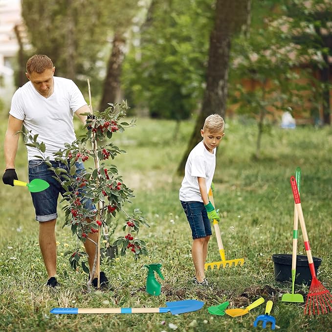 Magic4U Kids Gardening Tools Set, 22 Pcs Metal Garden Tools Toys with Apron, Gloves, Wood Handle Shovel, Rake, Hoe and Leaf Rake, Outdoor Digging Toys Gifts for Kids Age 3+