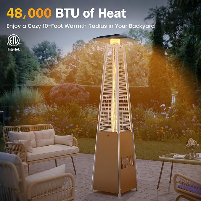 Sundale Pyramid Patio Heater, 48,000 BTU Propane Outdoor Heater with Wheels and Tip-Over Protection, Thickened Glass Tube Patio Heaters for Outdoor Use, Commercial & Residential (Brown)