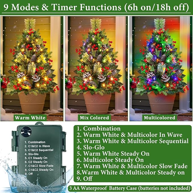 33" 2 Pack Outdoor Christmas Tree Urn Fillers 8 Modes Timer Battery Operated Christmas Decorations Outdoor Indoor Pinecones Berries Tripod Stakes Yard Porch Lawn