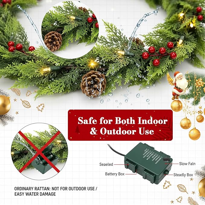 6.5FT Christmas Garland, Premium Rattan Garland with 30 LED Lights & Upgraded Battery Box, 4 Real Pinecones, 4 Berry Clusters, Indoor/Outdoor Christmas Decorations for Table, Mantle, Fireplace, Door