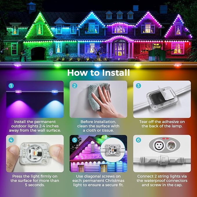 LunaSync Permanent Outdoor Lights, 150ft RGBIC Smart LED Eaves Lights with App & Remote Control, IP67 Waterproof, 50 Scene Modes for Christmas, Holiday, Pool Party & Daily Decor