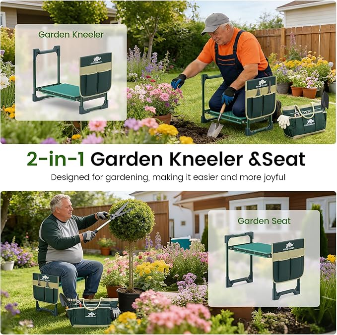 Garden Kneeler and Seat, Heavy Duty 2 in 1 Gardening Stool with Tool Side & Tote Bags, Foldable Gardening Bench to Relieve Knee & Back Pain, Garden Chair Gifts for Women, Seniors