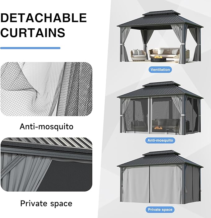 10x14 FT Gazebo Hardtop Gazebo, Aluminum Pergola with Double Galvanized Steel Roof, Curtains and Netting Included, Outdoor Gazebos Canopy for Patio, Backyard, Deck, Lawn,Grey