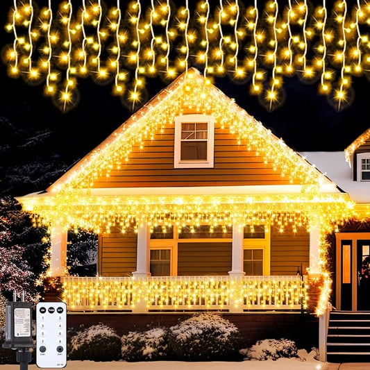 118 ft 1248 LED Christmas Outdoor Icicle Lights LED Fairy String Hanging Lights Waterproof with 8 Modes Timer for Christmas Decorations Wedding Holiday Party Roof Yard, Warm White