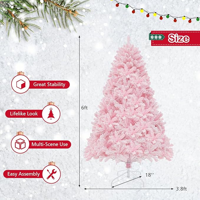 GOFLAME 6FT Pre-Lit Artificial Christmas Tree Snow Flocked, Hinged Xmas Tree with 808 PVC Branch Tips, 350 LED Lights & 8 Lighting Modes, Holiday Decoration Tree for Home, Office, Party, Pink