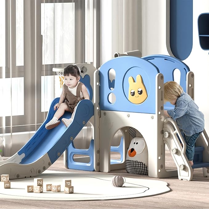 8-in-1 Toddler Slide and Climber Playset, Kids Slide Playground with Stairs, Tunnel, Telescope, Storage, Basketball Hoop and Ball, Indoor Outdoor, 1-3 Years Old, Blue
