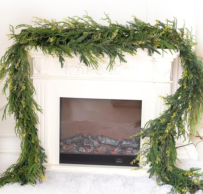 9ft Handmade Christmas Garland,Artificial Cypress Cedar Pine Needles Greenery Seasonal Garland for Christmas Fireplace Winter Holiday Indoor Outdoor Decoration