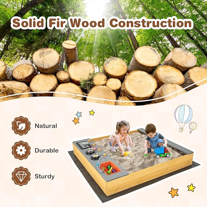 Costzon Kids Sandbox, Wooden Sand Pit w/Kitchen Playset Accessories, Water Faucet, Built-in Bench Seat & Bottom Liner, Outdoor Sand Box for Kids 3-8 Backyard Garden Bench