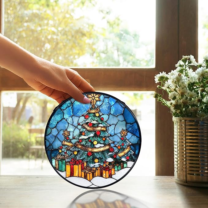 TNUW Christmas Tree Stained Glass Window Hanging, Winter Tree Xmas Sun Catchers Indoor Window Glass Round Wall Art Decor, Winter Christmas Wall Hanging Decorations, 7.9＂x7.9＂