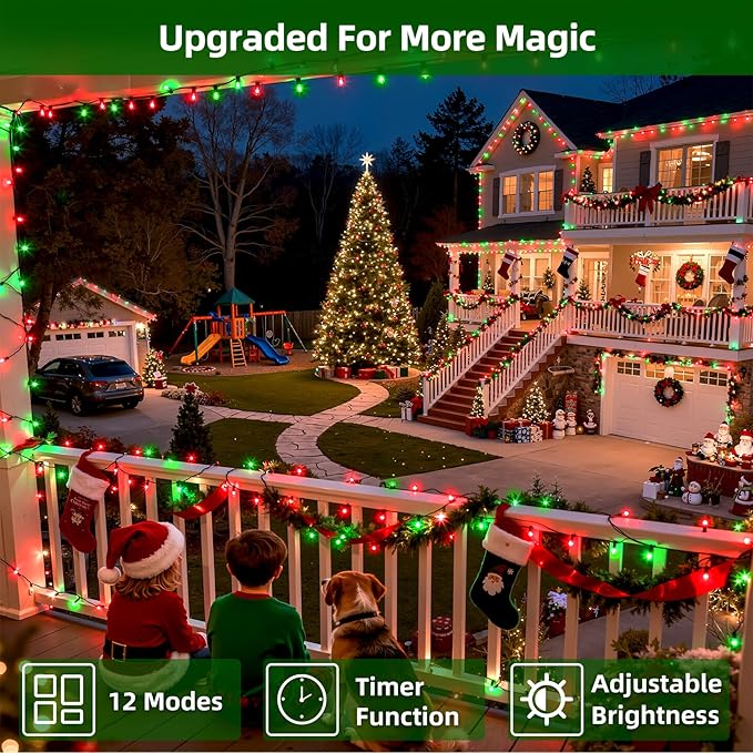 300LED Christmas Lights Outdoor Indoor Use, 12 Lighting Modes 75ft Christmas Tree Lights with Timer, Dimmable Red & Green LED StringLights Waterproof for Yard Tree Wedding Party Holiday Red & Green